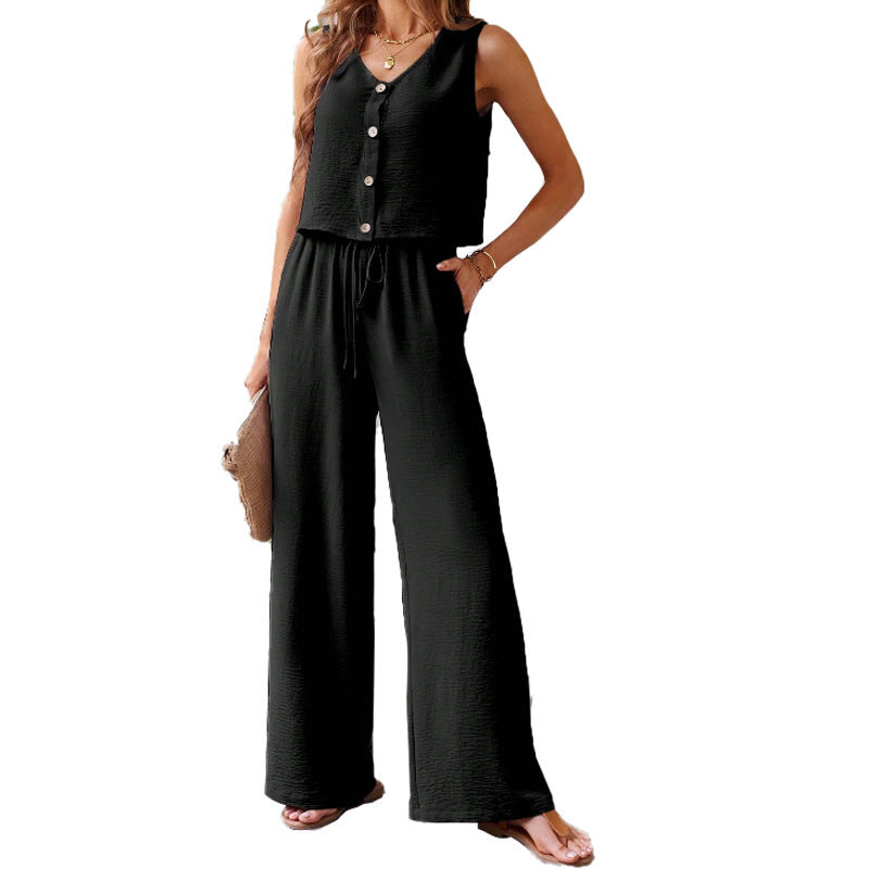 Women Sleeveless Vest Wide Leg Pants Two-piece Suit