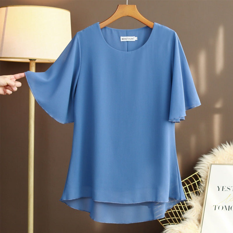 New Round Neck Loose Spinning Shirt Short Sleeve Women