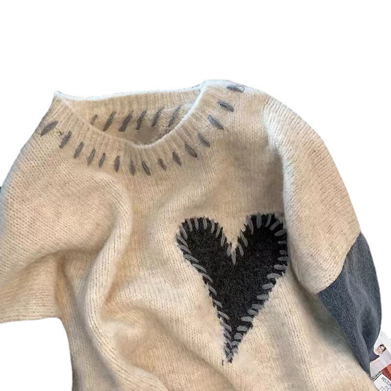 Spliced Denim Sweater Tops Women Loose Lazy Wind