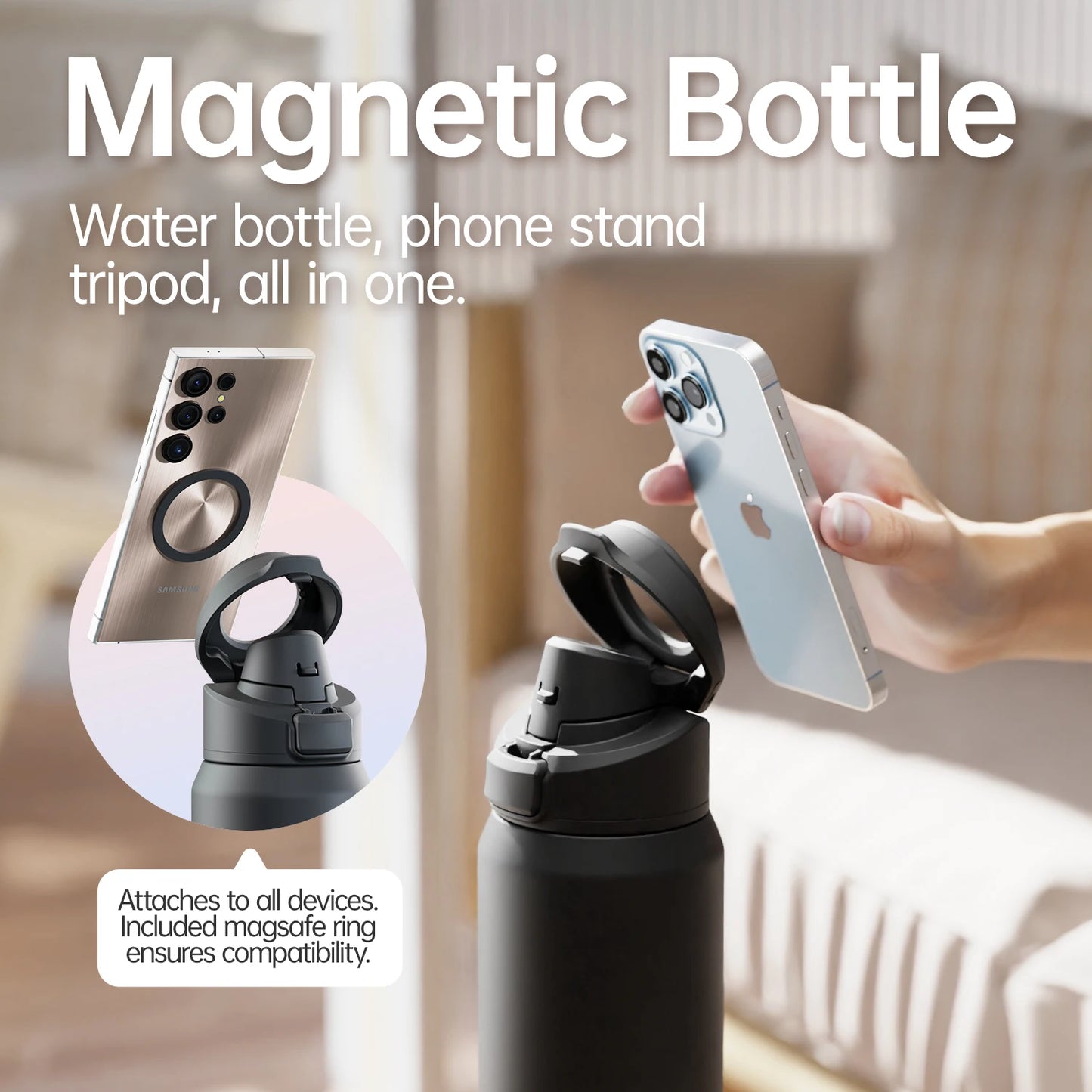 FEIJIAN Magnetic Thermos Stainless Steel Sports Water Bottle with Magnetic Phone Holder Bouncing cover Insulation Cup