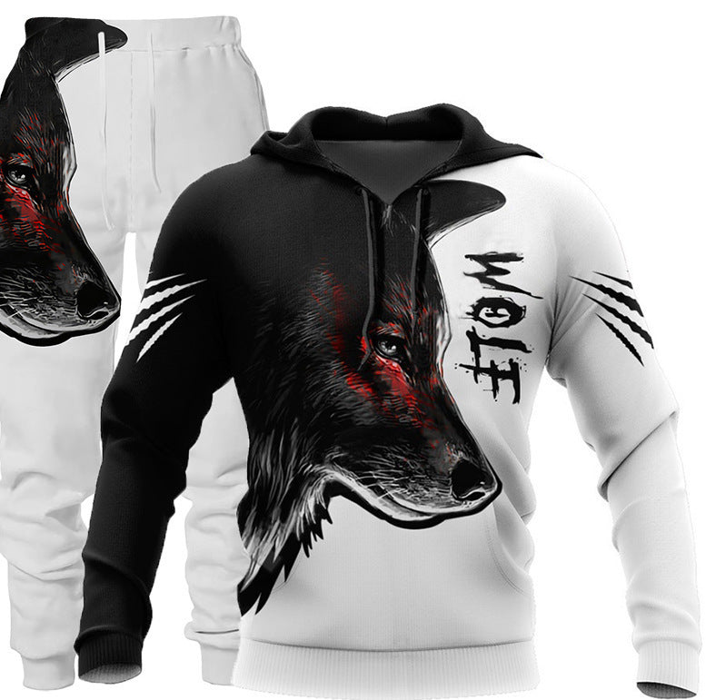 3D Wolf Print Tracksuit Men Sportswear Hooded Sweatsuit Two Piece Outdoors Running Fitness Men's Clothing Jogging Set