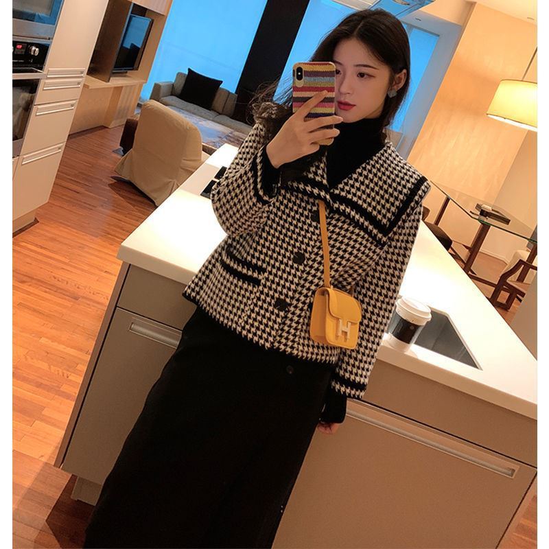 Ladies Houndstooth Small Fragrance Knit Cardigan Jacket