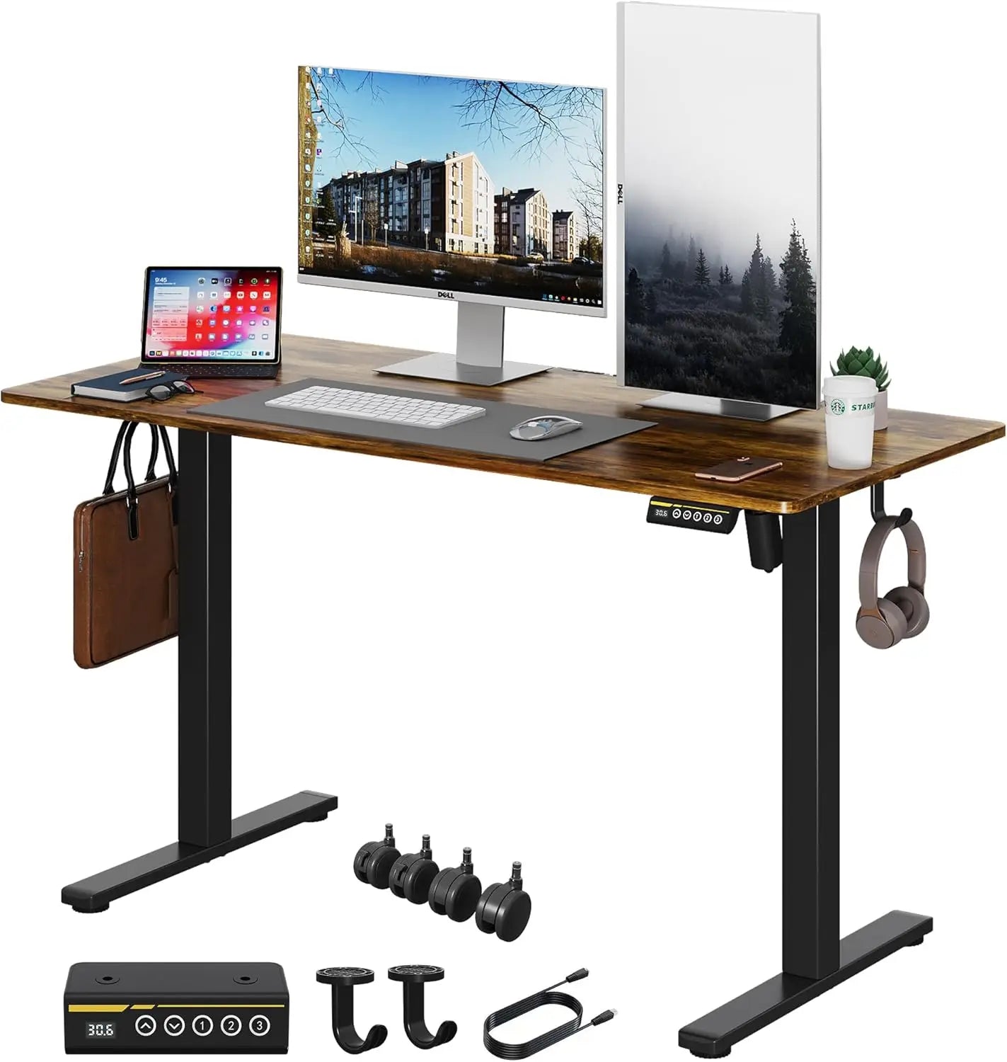 Electric Standing Desk 48x24 Adjustable Height with Wheels Ergonomic Sit Stand Desk for Office Home Workstation Rustic Brown