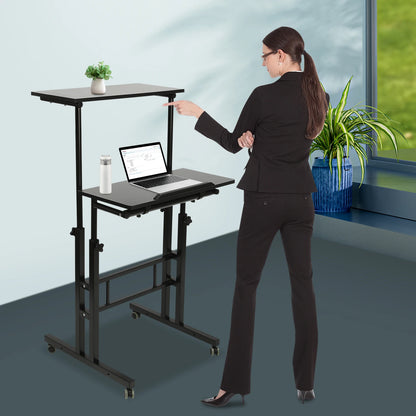 Small Adjustable Standing Desk with Wheels Home Office Workstation,Portable Rolling Desk Laptop Cart for Standing or Sitting