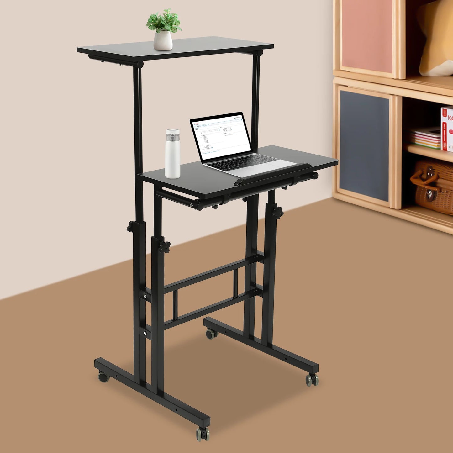 Small Adjustable Standing Desk with Wheels Home Office Workstation,Portable Rolling Desk Laptop Cart for Standing or Sitting