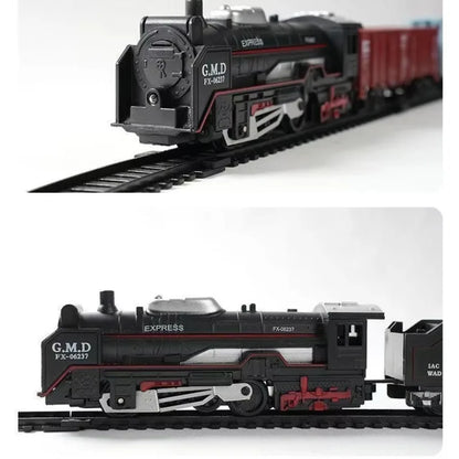Electric train track set with lights, vintage style, children's railway toys, Christmas gift