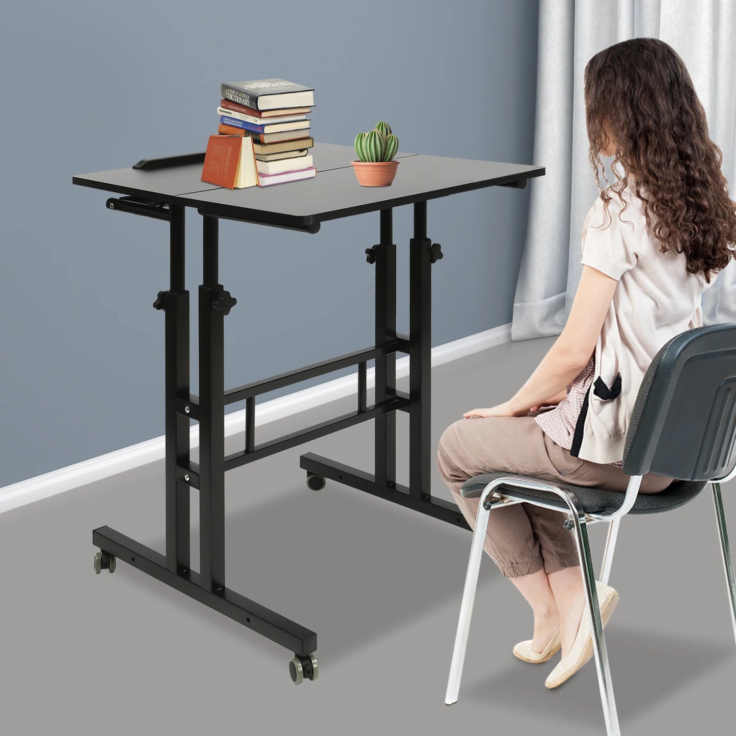 Small Adjustable Standing Desk with Wheels Home Office Workstation,Portable Rolling Desk Laptop Cart for Standing or Sitting