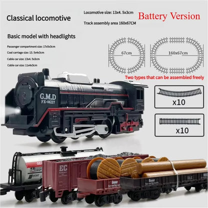Electric train track set with lights, vintage style, children's railway toys, Christmas gift