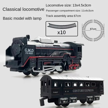 Electric train track set with lights, vintage style, children's railway toys, Christmas gift
