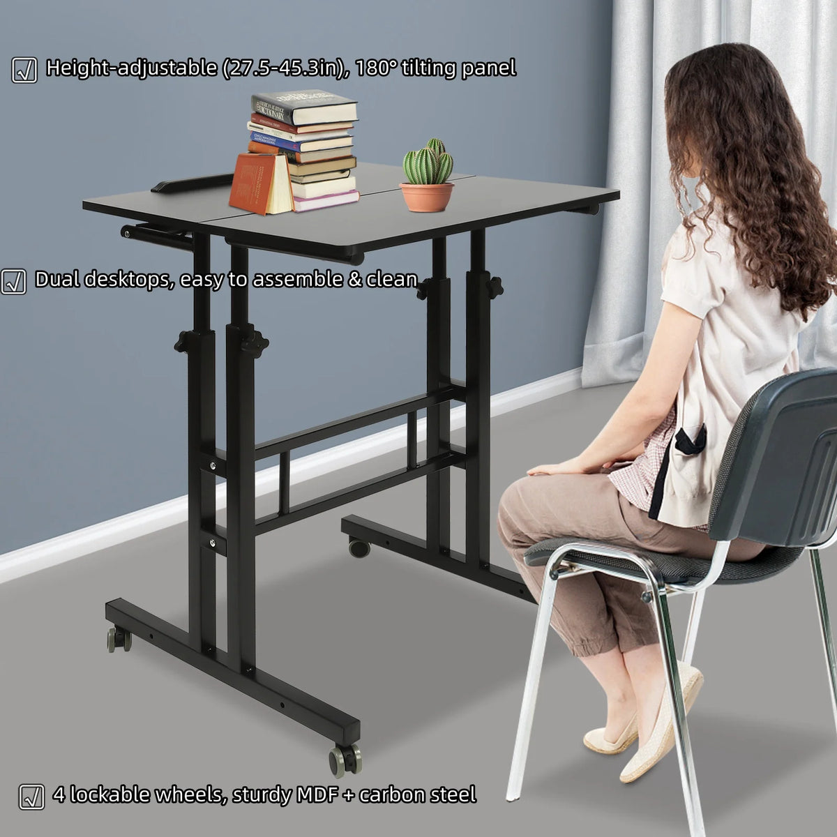 Small Adjustable Standing Desk with Wheels Home Office Workstation,Portable Rolling Desk Laptop Cart for Standing or Sitting