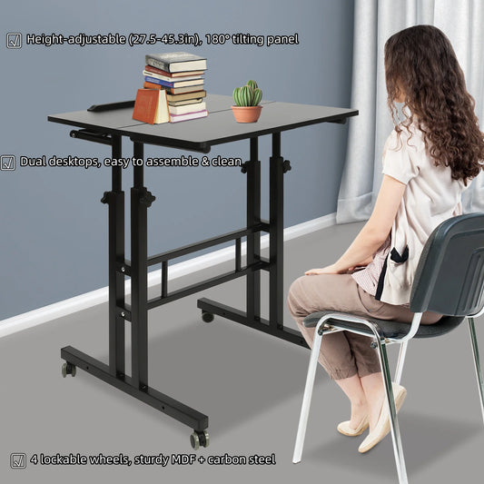 Small Adjustable Standing Desk with Wheels Home Office Workstation,Portable Rolling Desk Laptop Cart for Standing or Sitting
