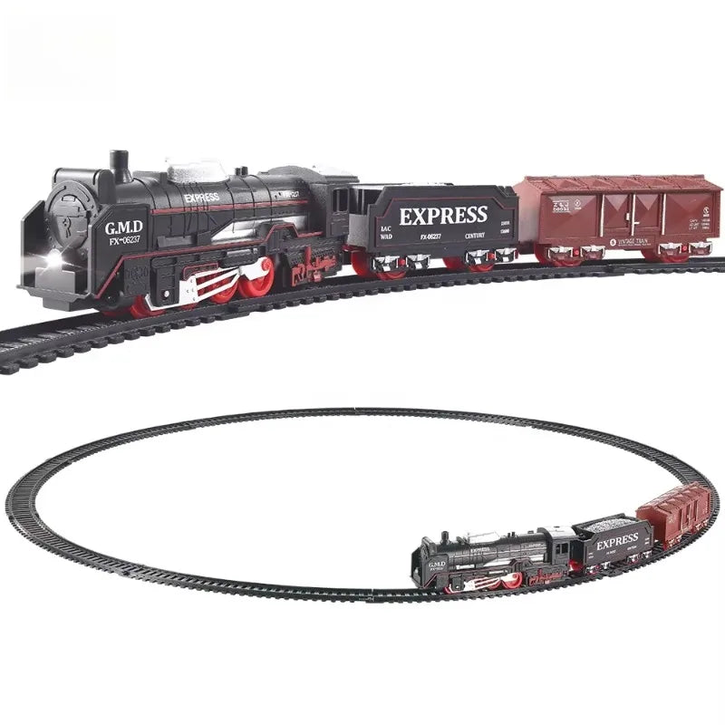 Electric train track set with lights, vintage style, children's railway toys, Christmas gift