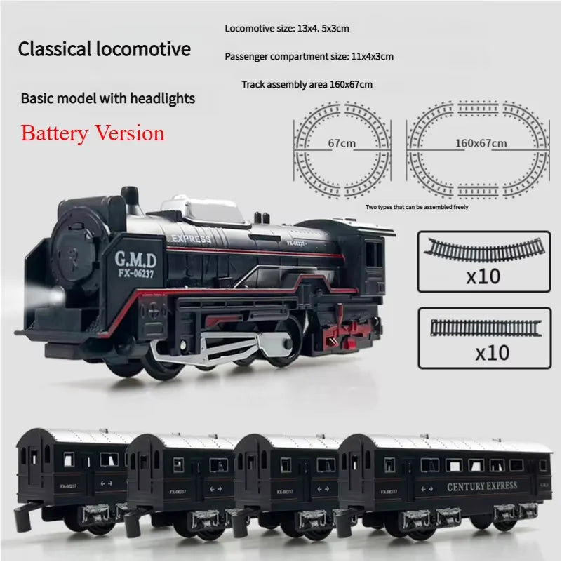 Electric train track set with lights, vintage style, children's railway toys, Christmas gift