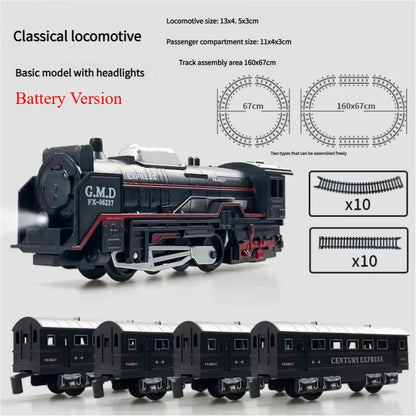 Electric train track set with lights, vintage style, children's railway toys, Christmas gift