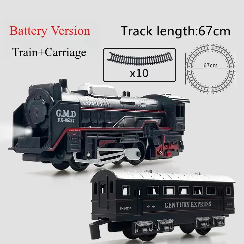 Electric train track set with lights, vintage style, children's railway toys, Christmas gift