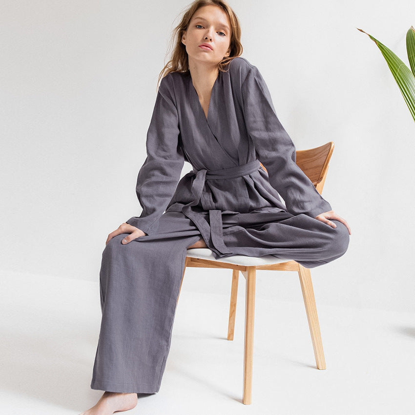 Cotton Linen Women Pajama Robe Sets Lace Up Long Sleeve 2