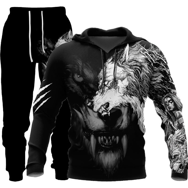 3D Wolf Print Tracksuit Men Sportswear Hooded Sweatsuit Two Piece Outdoors Running Fitness Men's Clothing Jogging Set