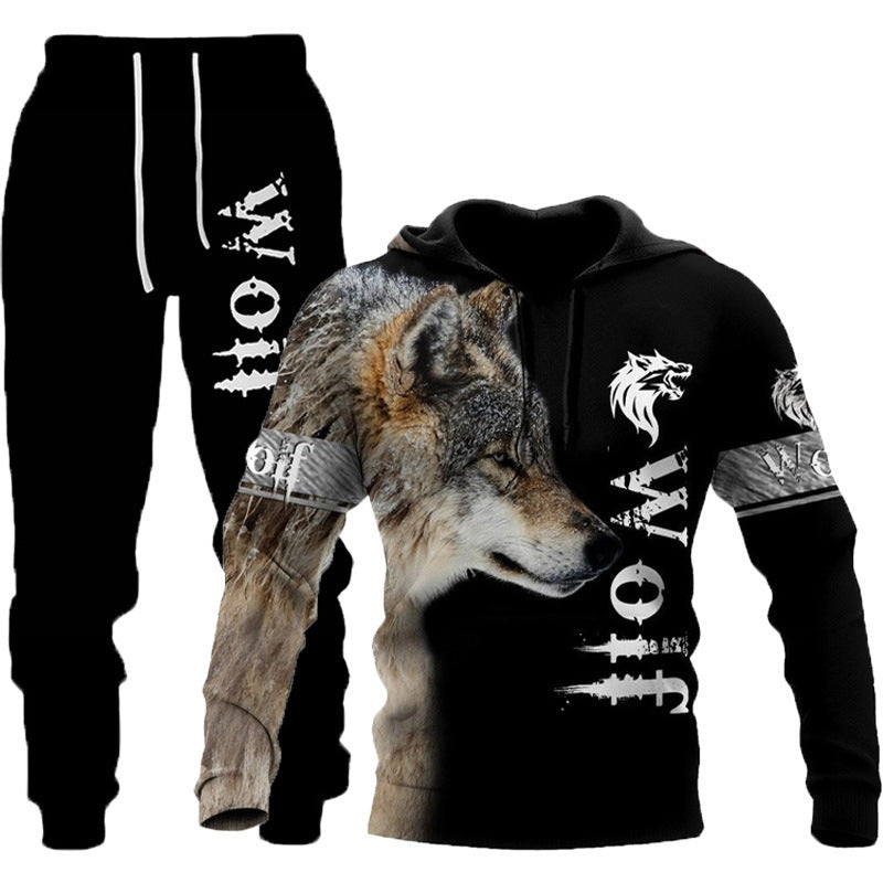 3D Wolf Print Tracksuit Men Sportswear Hooded Sweatsuit Two Piece Outdoors Running Fitness Men's Clothing Jogging Set