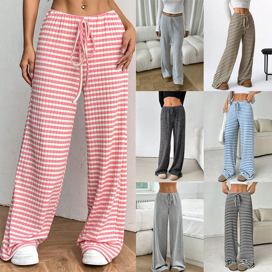 Women's Casual Striped Solid Color Drawstring Straight-leg Pants