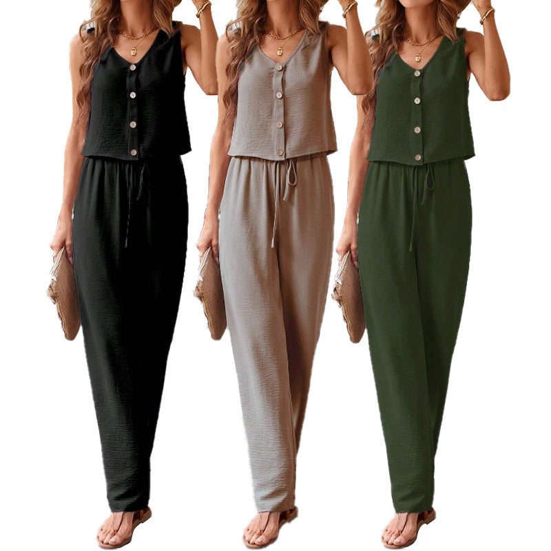 Women Sleeveless Vest Wide Leg Pants Two-piece Suit