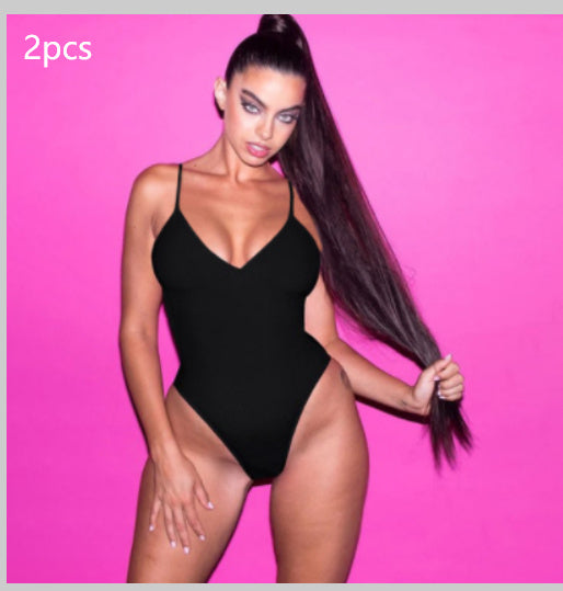 Summer Bikini Backless String Large Size Sexy Solid Color Triangle One-piece Swimsuit Womens Clothing 2pcs