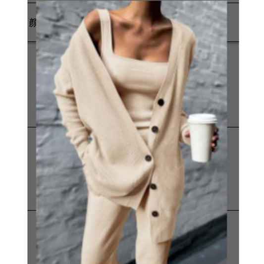 Knitted Three-Piece Women's New Coat Vest Pants Suit