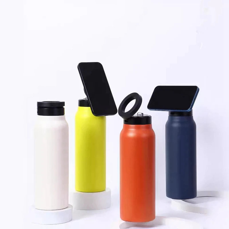 Insulated Water Bottle With Magnetic Phone Holder, Made Of Stainless Steel