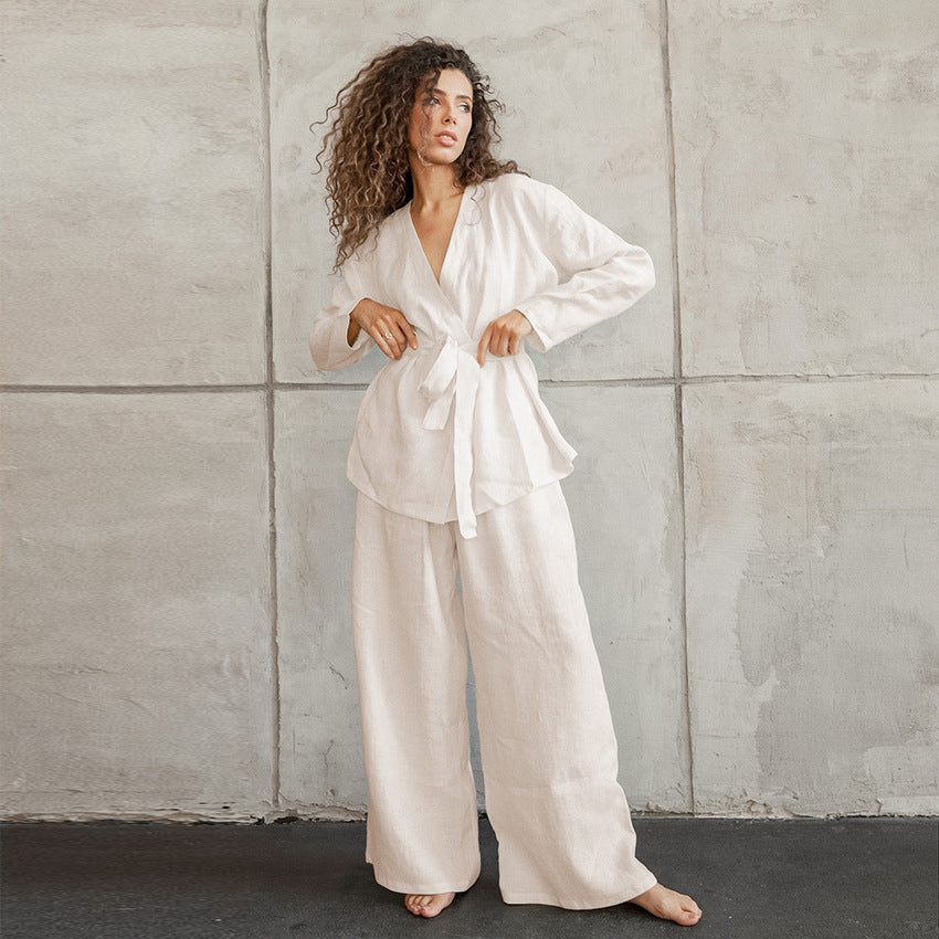 Cotton Linen Women Pajama Robe Sets Lace Up Long Sleeve 2