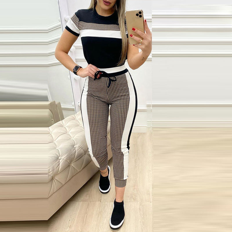 Fashion Women Sets Short Sleeve Tops High Waist Pant