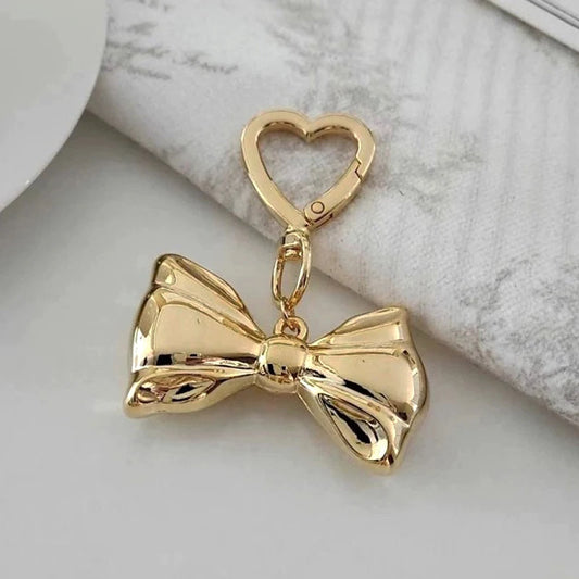 Punk Gold Silver Color Bowknot Keychain for Women Girls Smooth Metal Heart Love Buckle Bow Pendant Bag Decoration Accessories