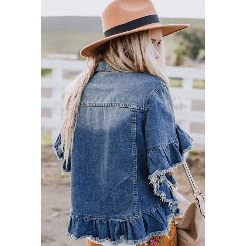 Ruffled Short Sleeves Tops For Women Loose Denim Jacket