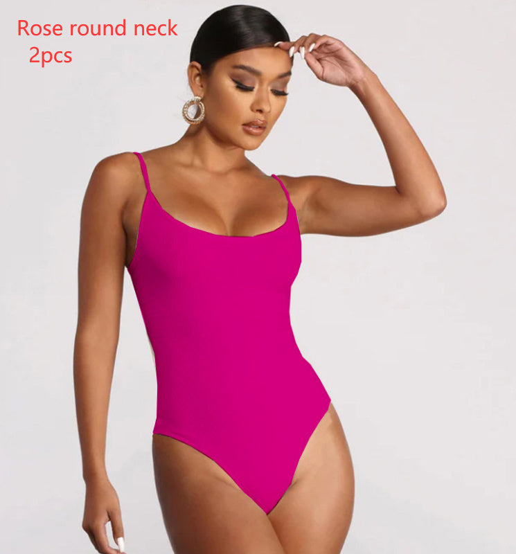 Summer Bikini Backless String Large Size Sexy Solid Color Triangle One-piece Swimsuit Womens Clothing 2pcs