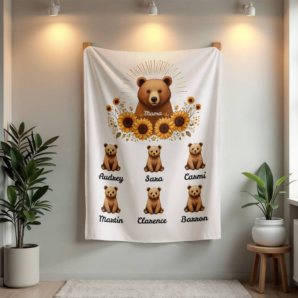 Personalized Mama Bear Sunflower Blanket  - Ideal For Mother's Day, Birthday, Anniversary