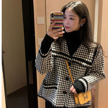 Ladies Houndstooth Small Fragrance Knit Cardigan Jacket