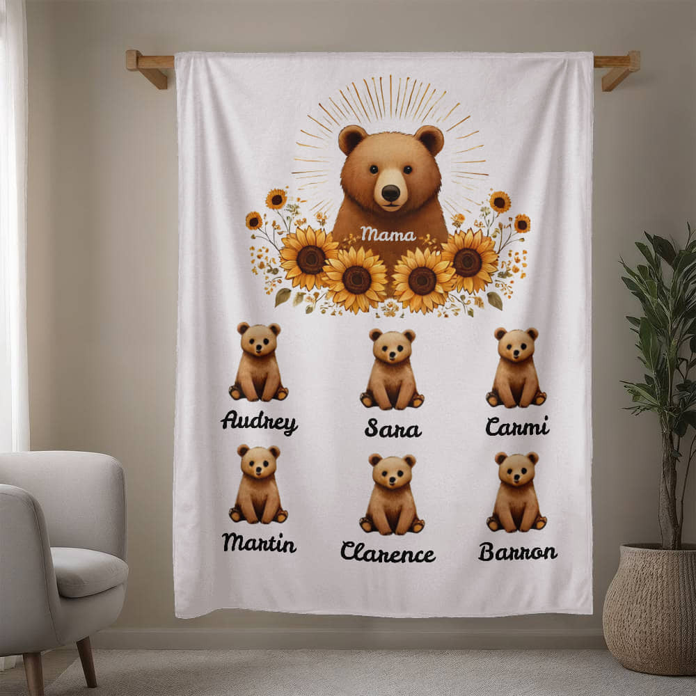 Personalized Mama Bear Sunflower Blanket  - Ideal For Mother's Day, Birthday, Anniversary