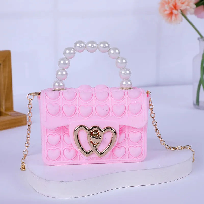 Silicone Love Bubble Jelly Bag, Popper Pressure Relieving Purse, Pop It Handbag With Faux Pearl Handle, Cute Chain Crossbody Bag