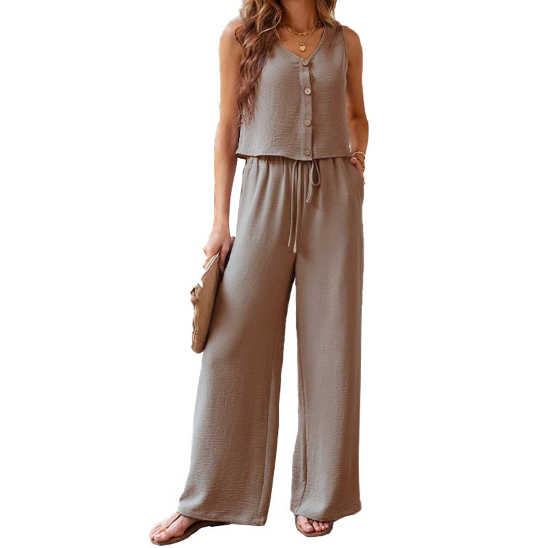 Women Sleeveless Vest Wide Leg Pants Two-piece Suit