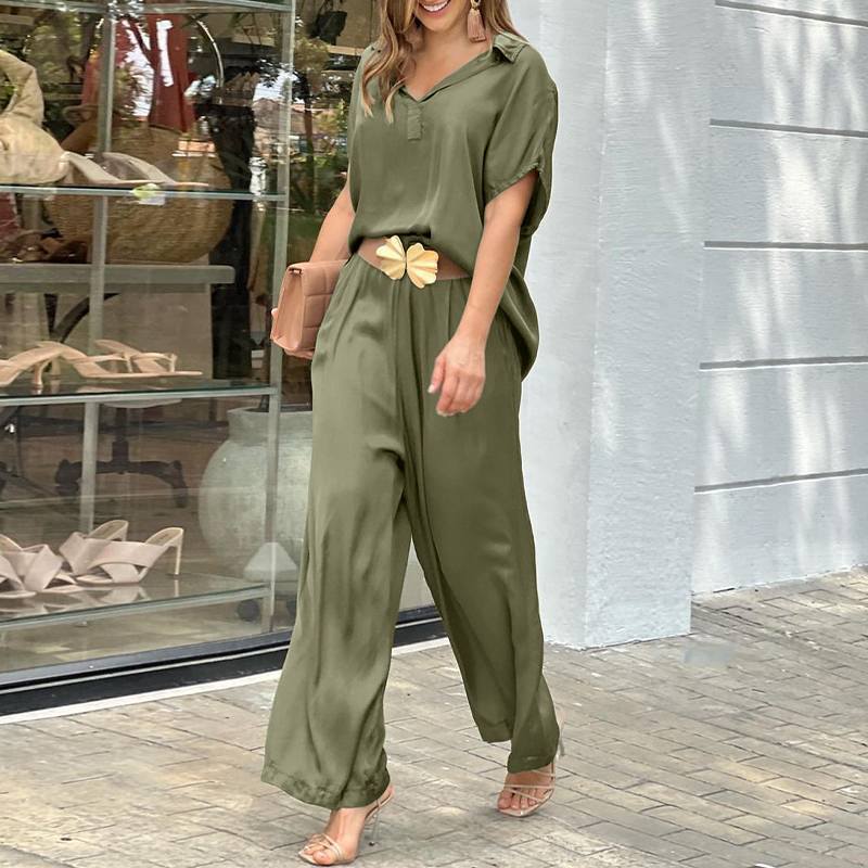 Ladies Elegant 2 Piece Shirts Wide Leg Pants Fashion