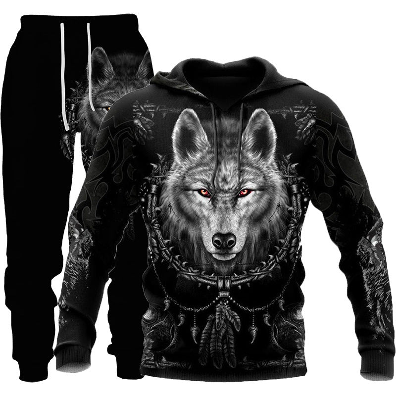 3D Wolf Print Tracksuit Men Sportswear Hooded Sweatsuit Two Piece Outdoors Running Fitness Men's Clothing Jogging Set