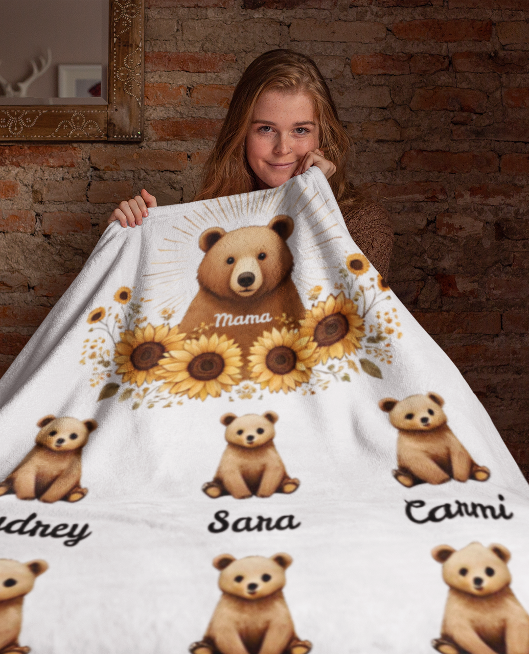 Personalized Mama Bear Sunflower Blanket  - Ideal For Mother's Day, Birthday, Anniversary